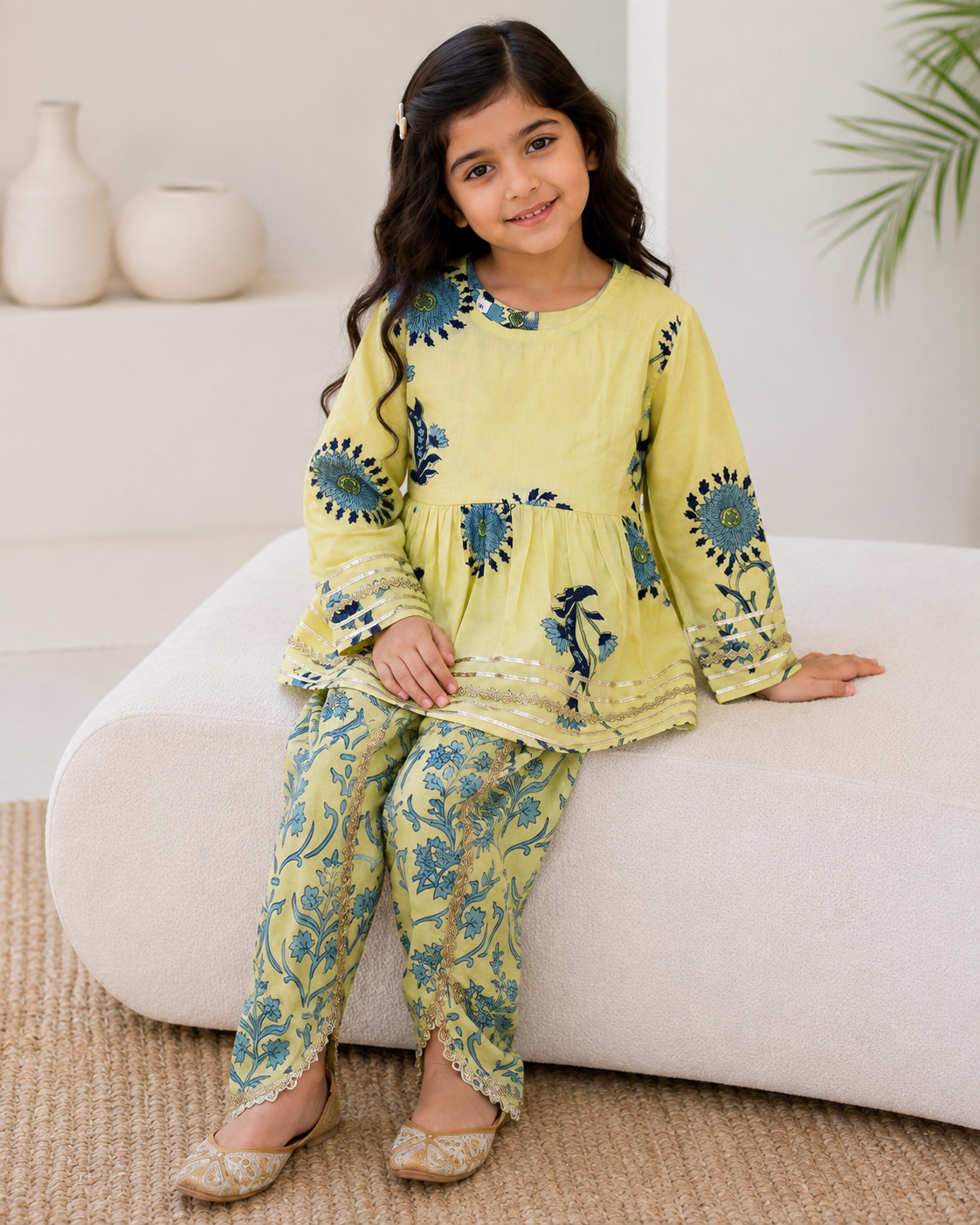 Lemon Floral Cotton Kurta Pant Set