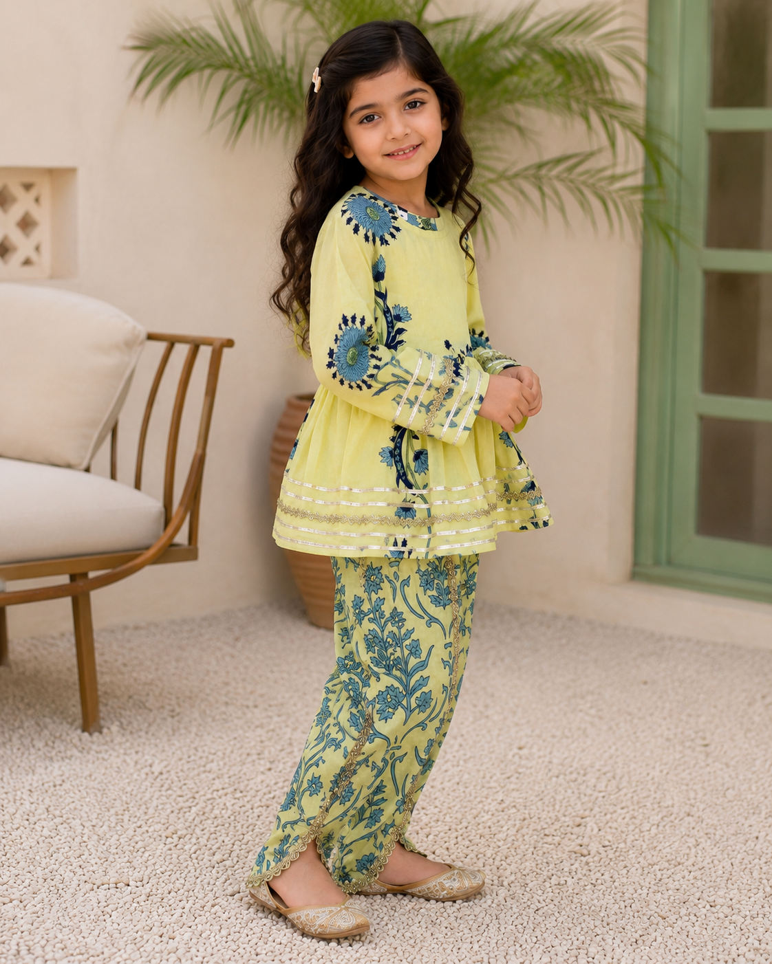 Lemon Floral Cotton Kurta Pant Set
