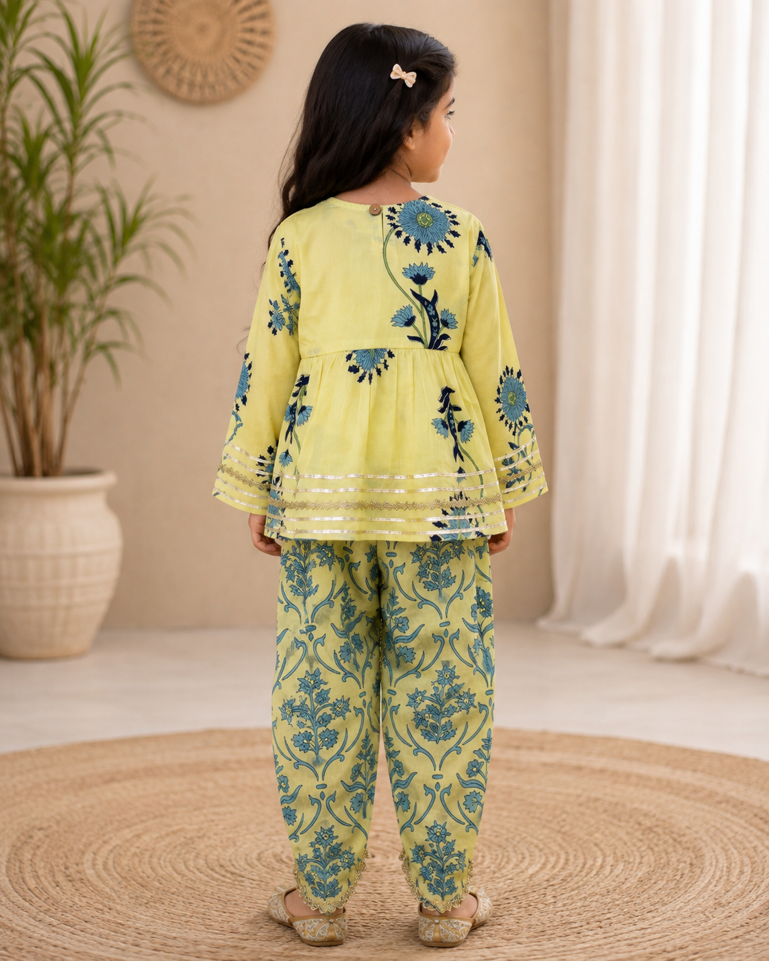 Lemon Floral Cotton Kurta Pant Set