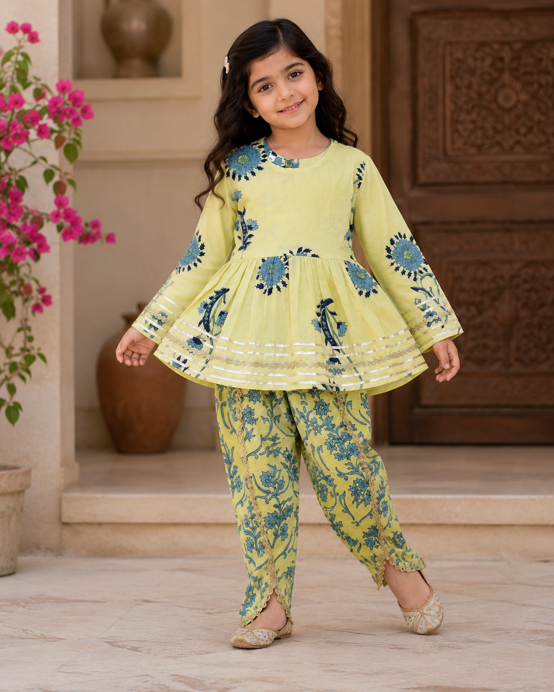 Lemon Floral Cotton Kurta Pant Set
