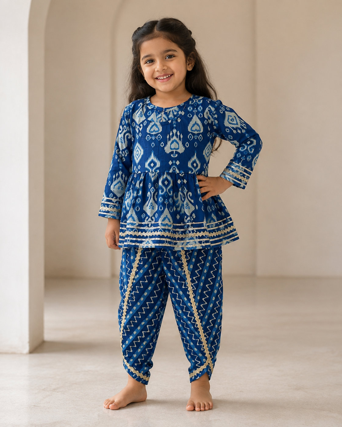 Navy Blue Printed Cotton Kurta Pant Set