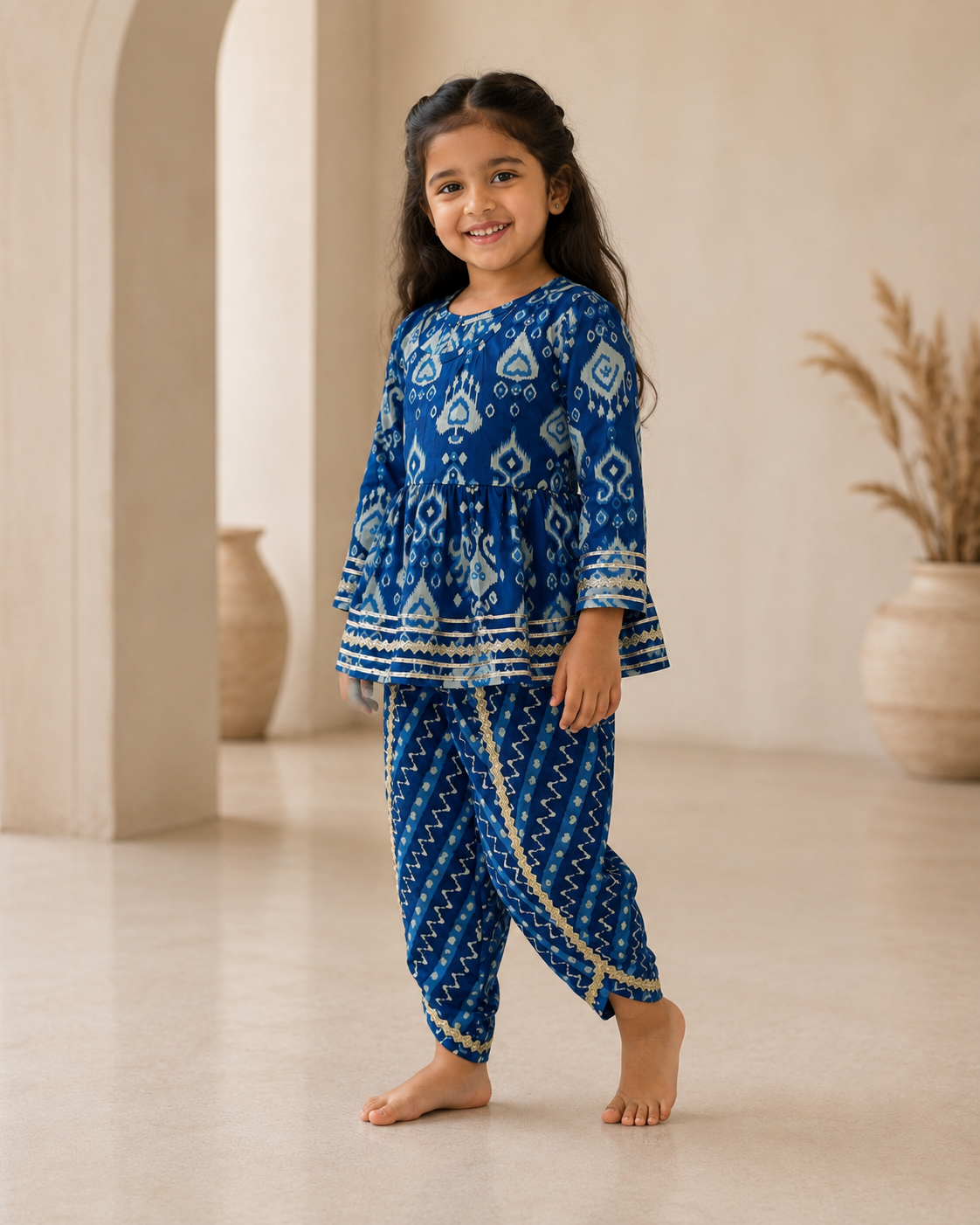 Navy Blue Printed Cotton Kurta Pant Set