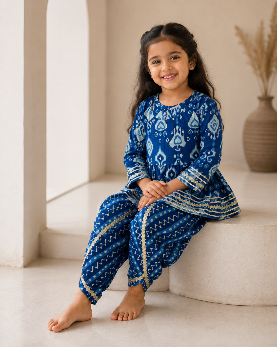 Navy Blue Printed Cotton Kurta Pant Set