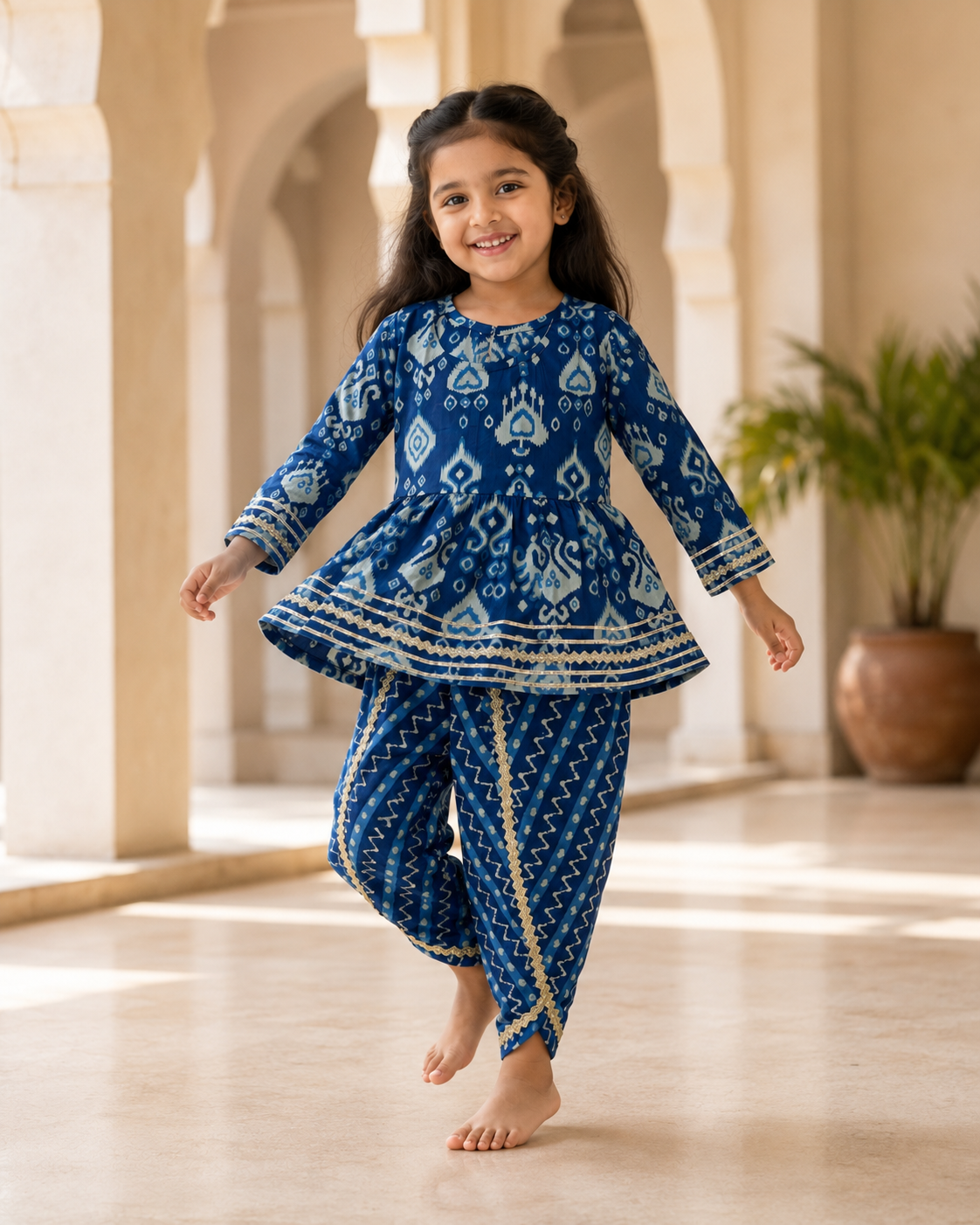 Navy Blue Printed Cotton Kurta Pant Set
