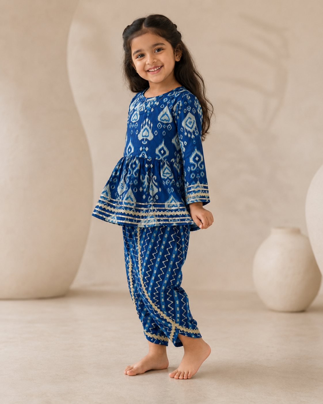 Navy Blue Printed Cotton Kurta Pant Set