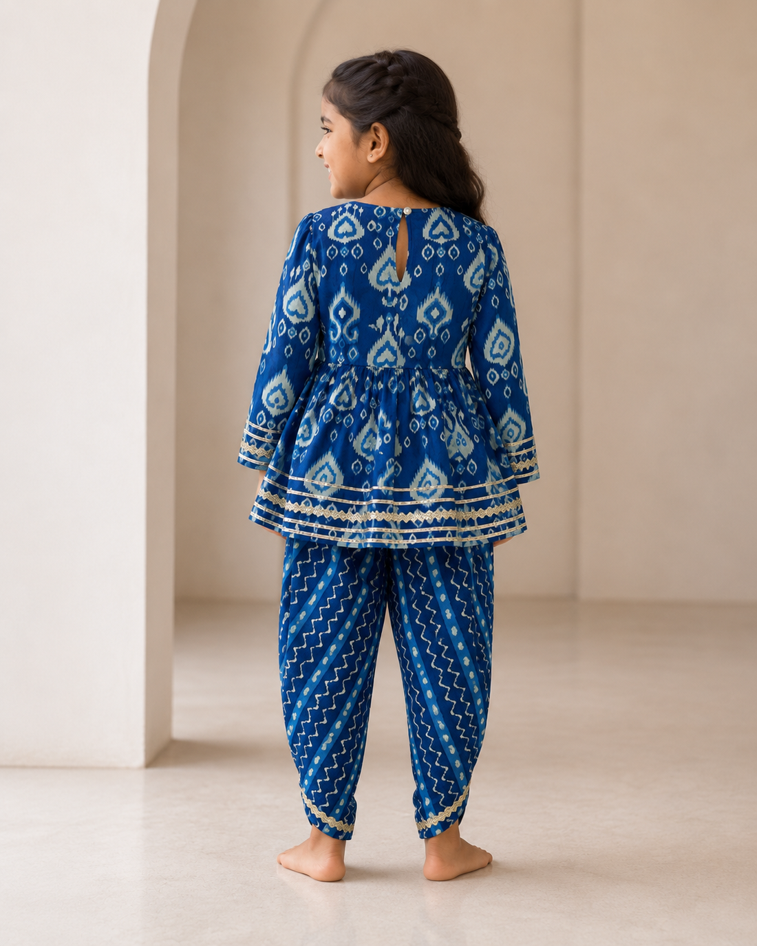 Navy Blue Printed Cotton Kurta Pant Set