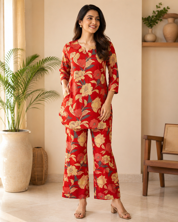 Crimson Floral Printed Cotton Kurta Pant Co-ord Set