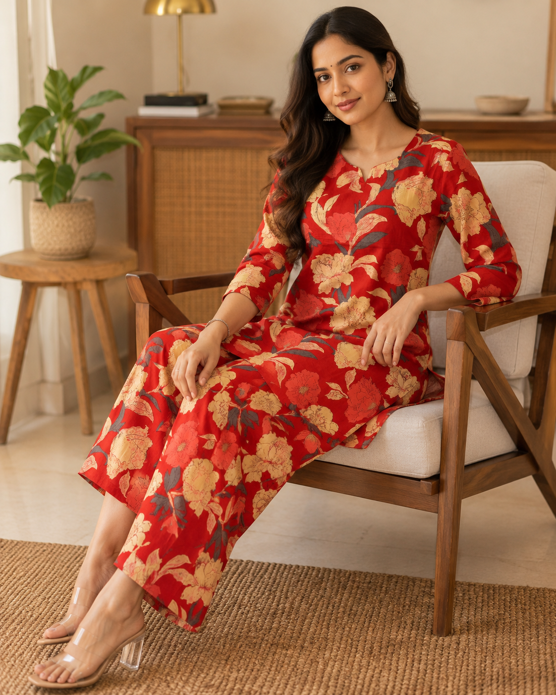 Crimson Floral Printed Cotton Kurta Pant Co-ord Set