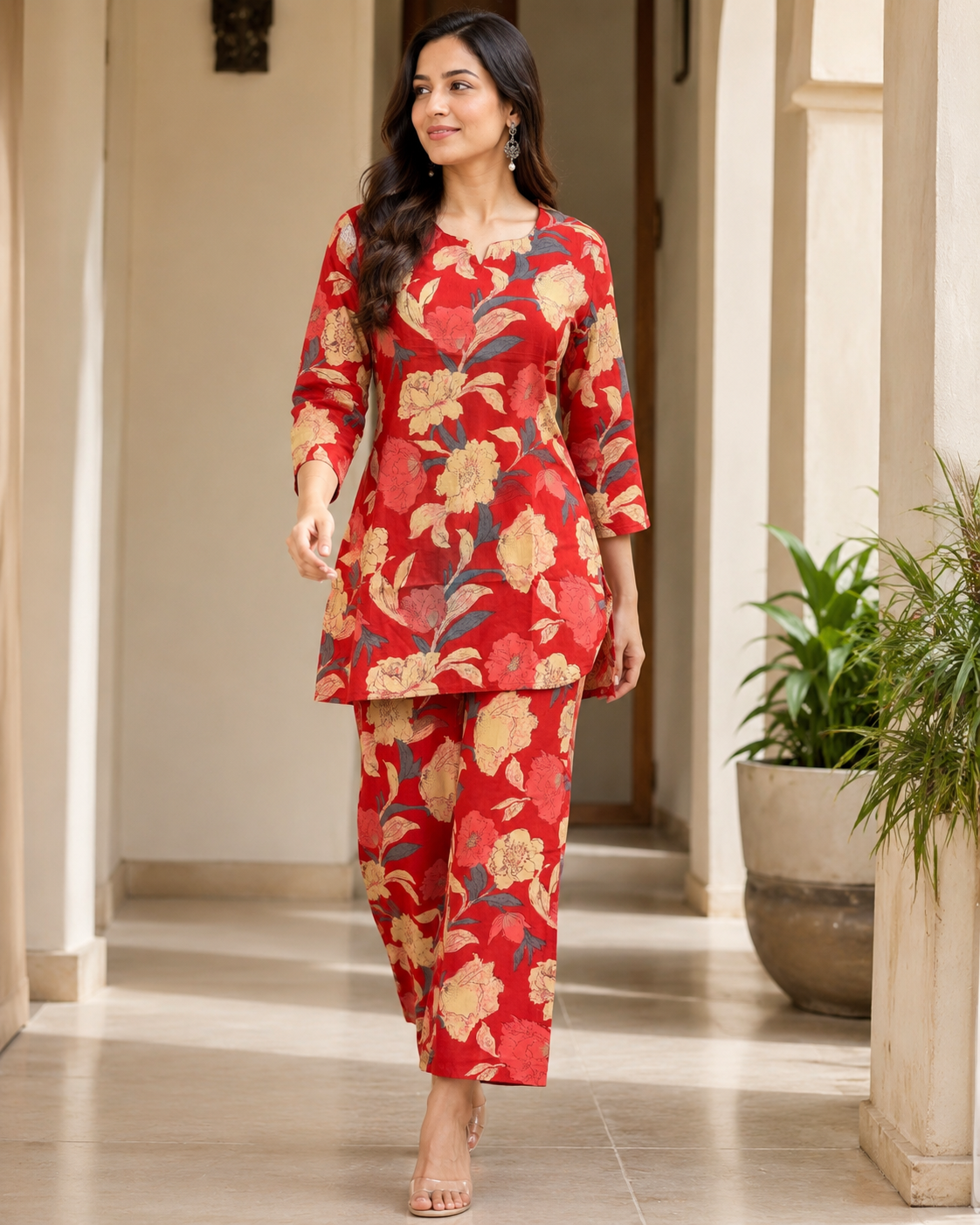 Crimson Floral Printed Cotton Kurta Pant Co-ord Set