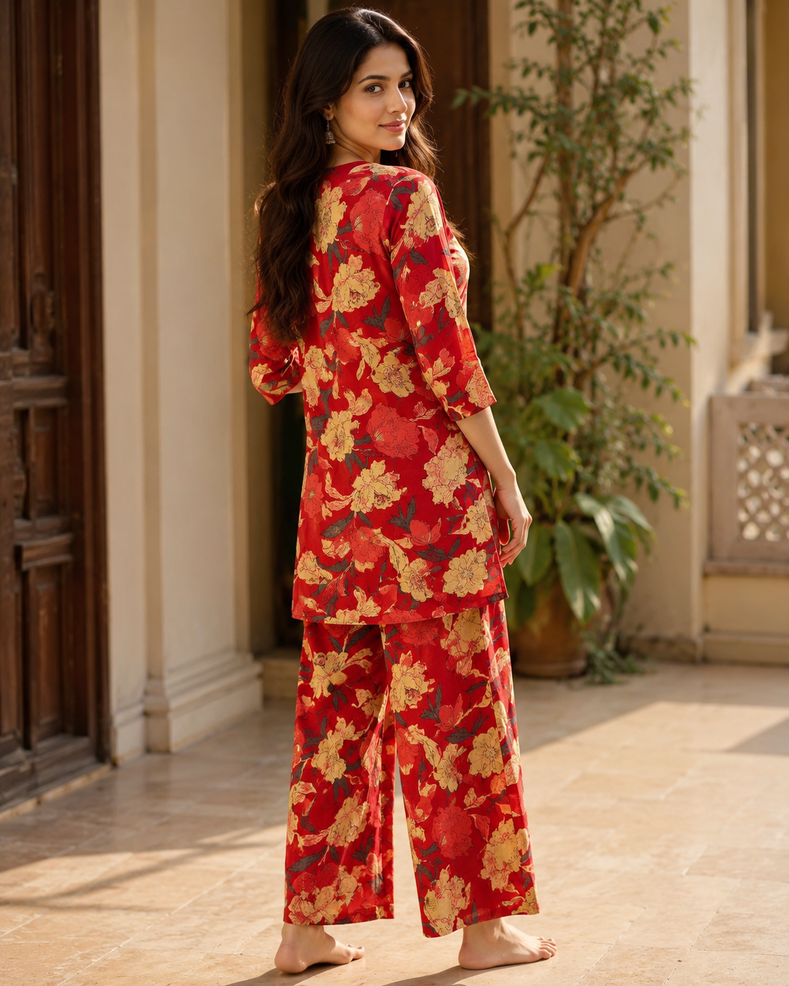 Crimson Floral Printed Cotton Kurta Pant Co-ord Set
