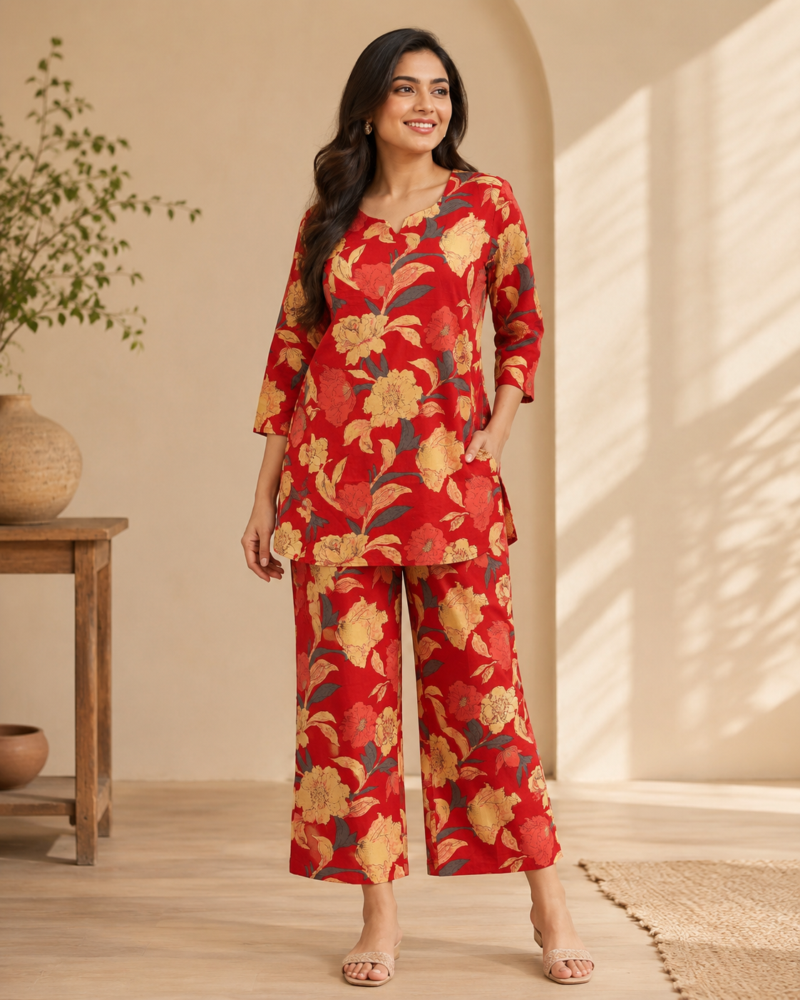 Crimson Floral Printed Cotton Kurta Pant Co-ord Set