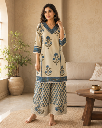 Ivory Blue Printed Cotton Kurta Pant Dupatta Set