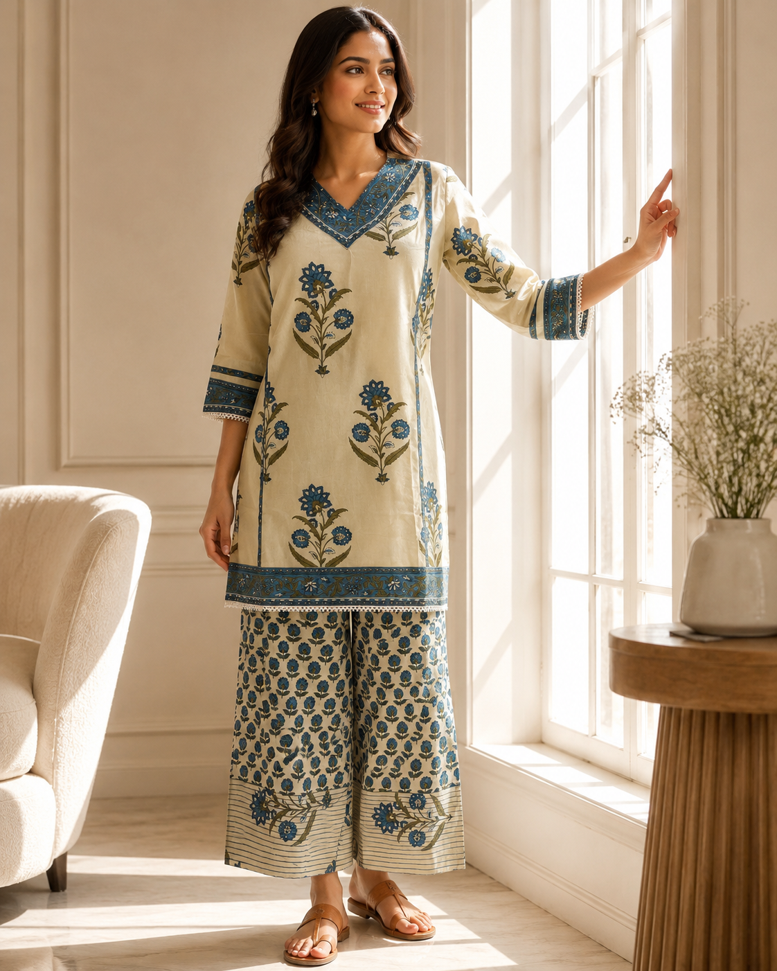 Ivory Blue Printed Cotton Kurta Pant Dupatta Set