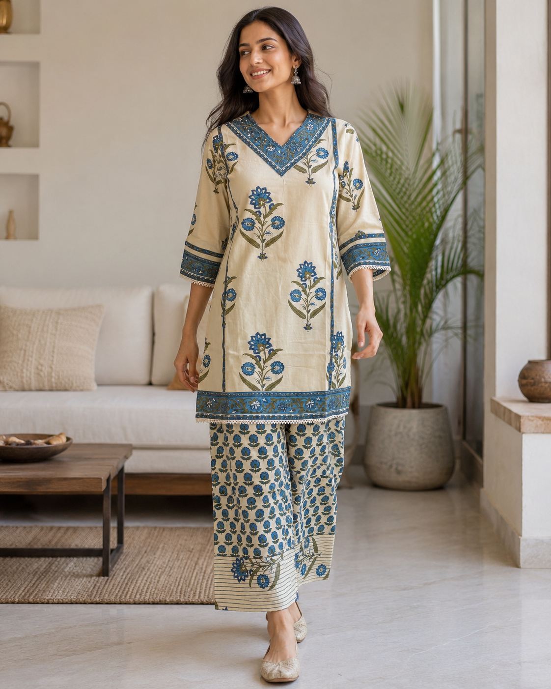 Ivory Blue Printed Cotton Kurta Pant Dupatta Set
