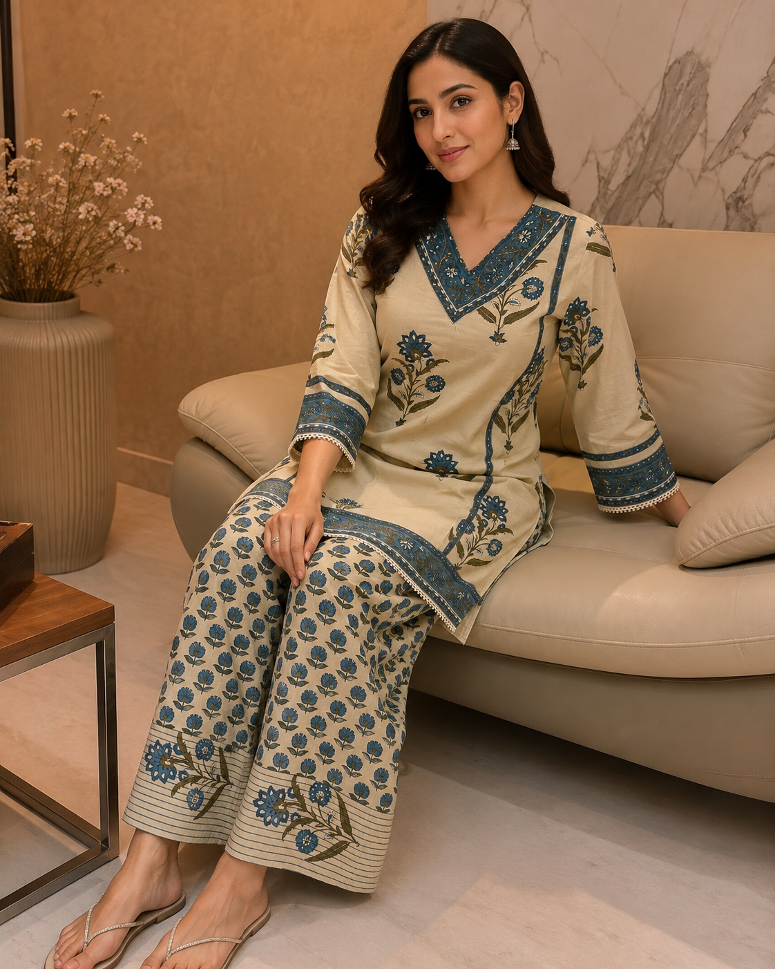 Ivory Blue Printed Cotton Kurta Pant Dupatta Set