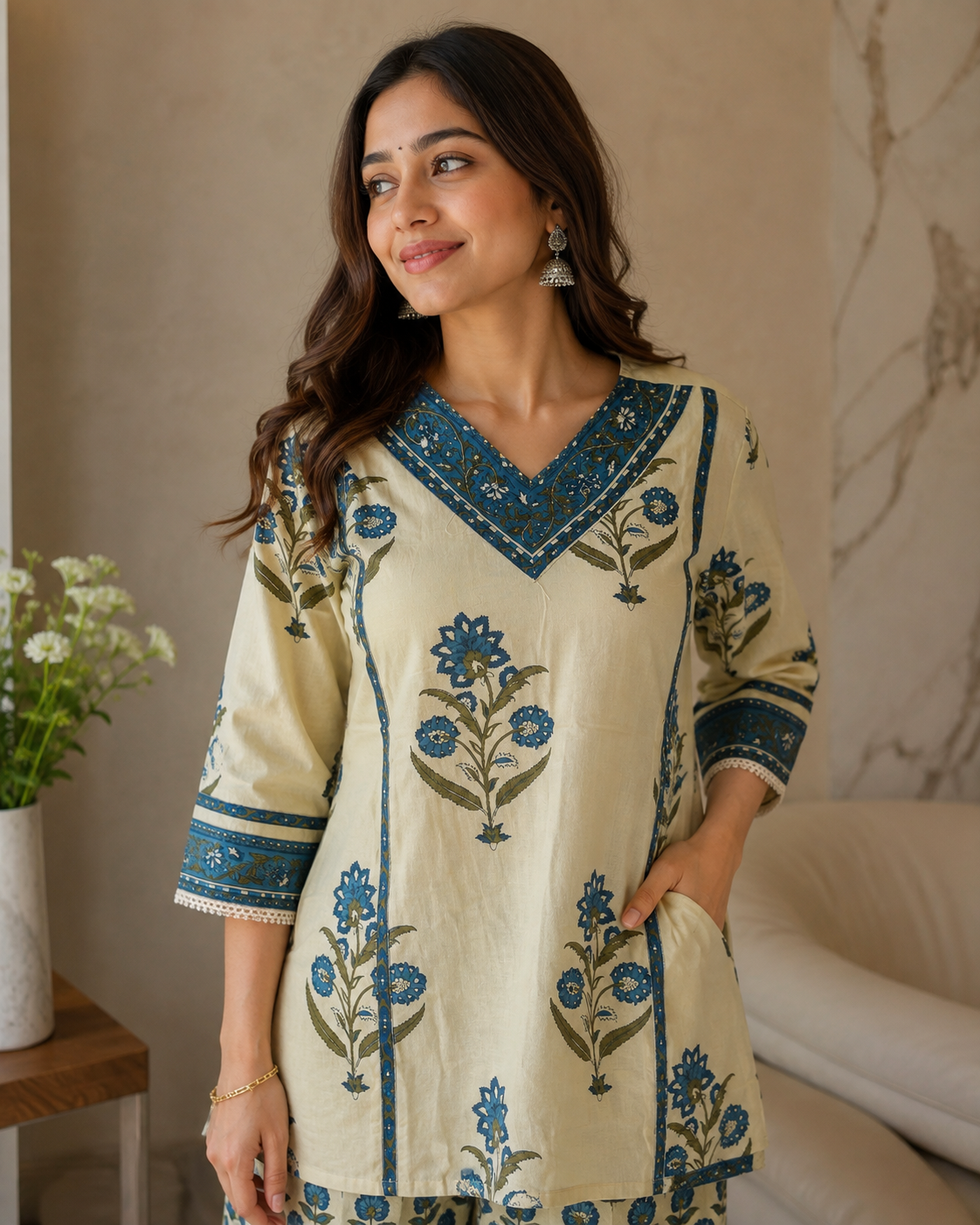 Ivory Blue Printed Cotton Kurta Pant Dupatta Set