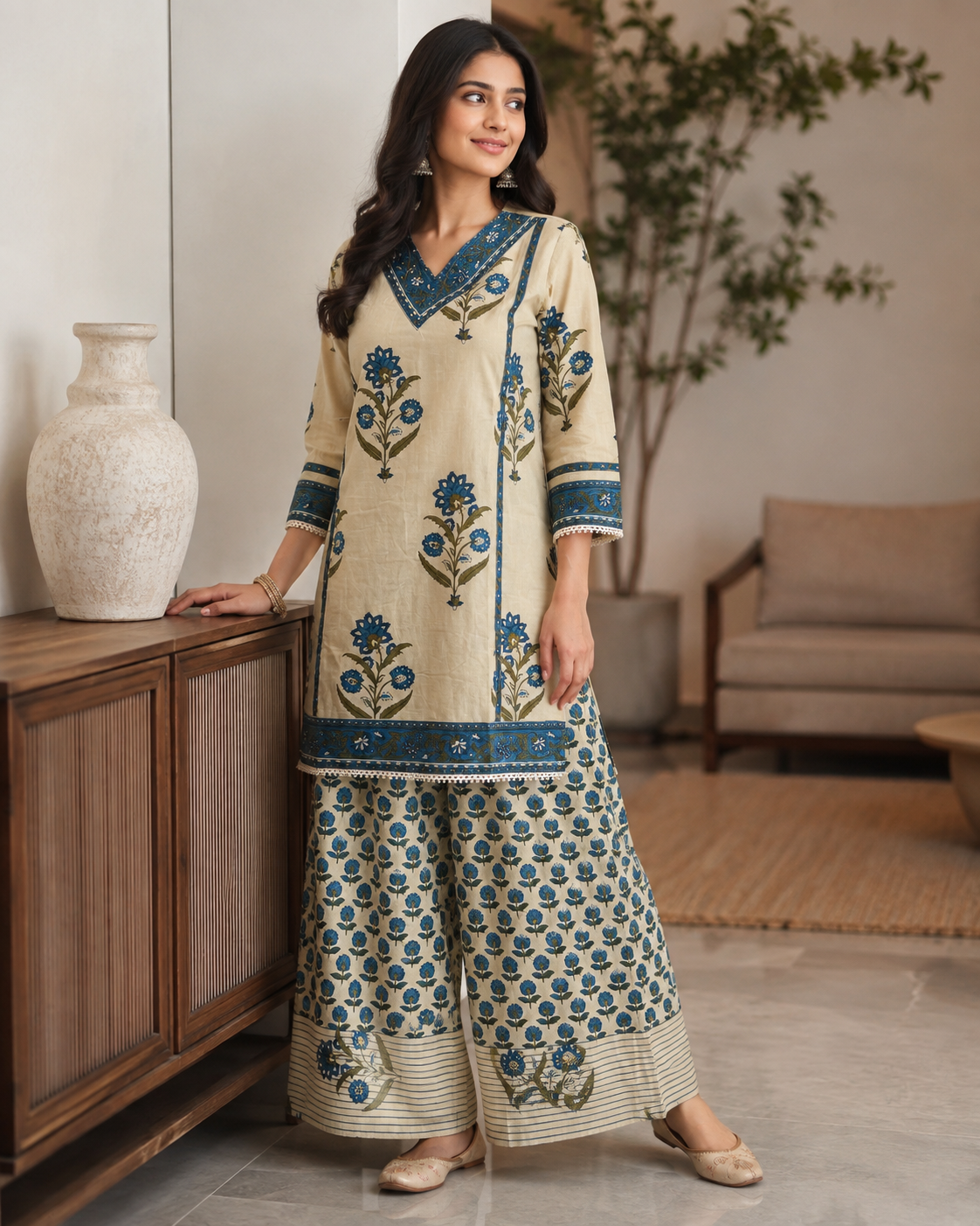Ivory Blue Printed Cotton Kurta Pant Dupatta Set