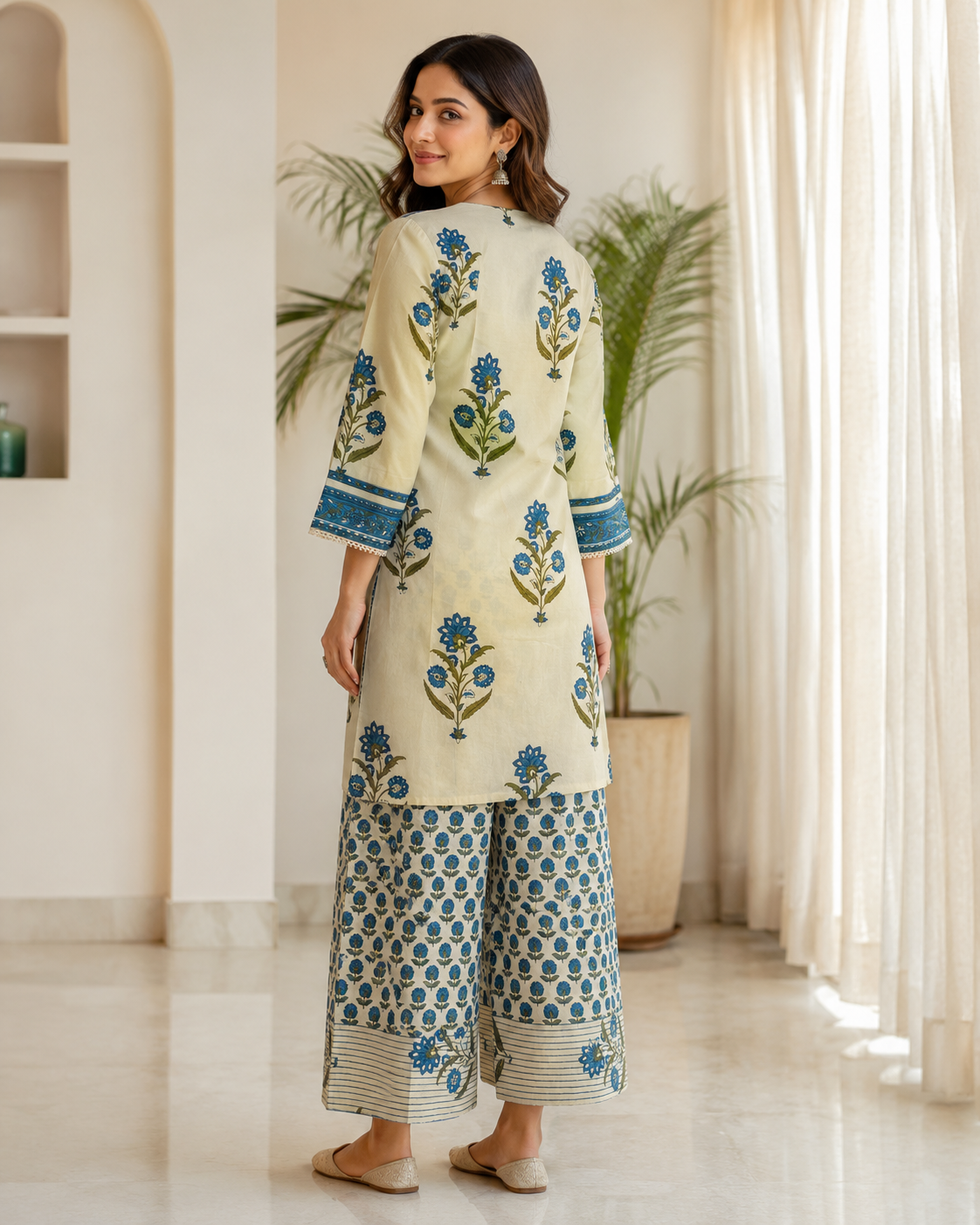 Ivory Blue Printed Cotton Kurta Pant Dupatta Set