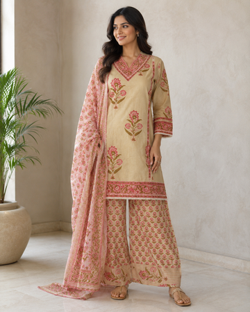 Blush Floral Printed Cotton Kurta Pant Dupatta Set