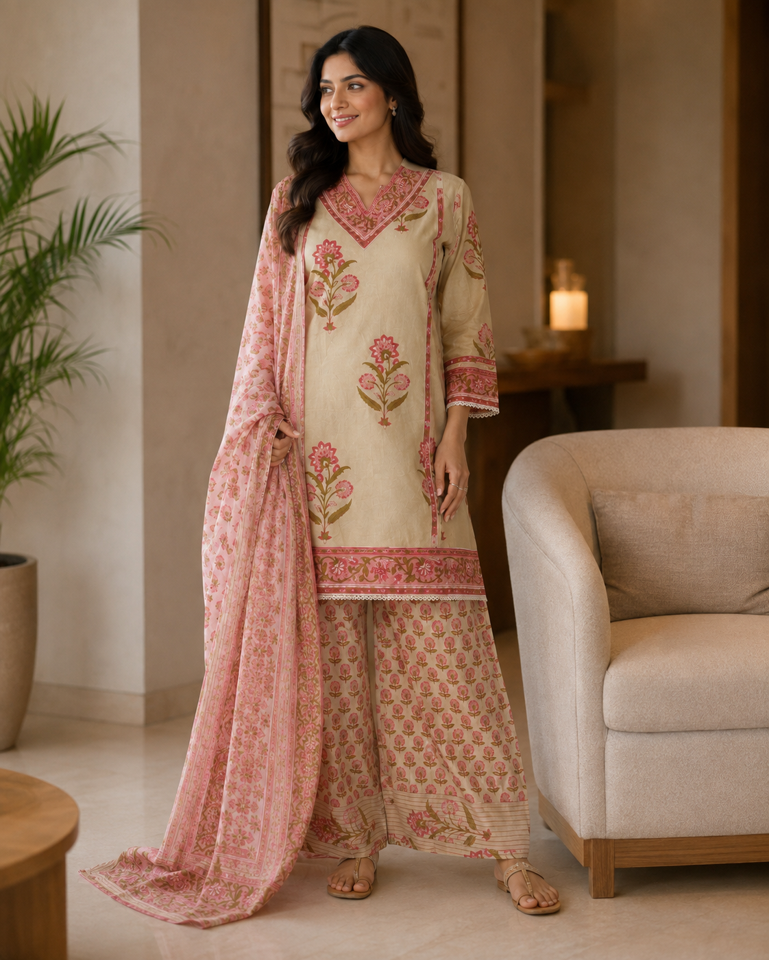 Blush Floral Printed Cotton Kurta Pant Dupatta Set