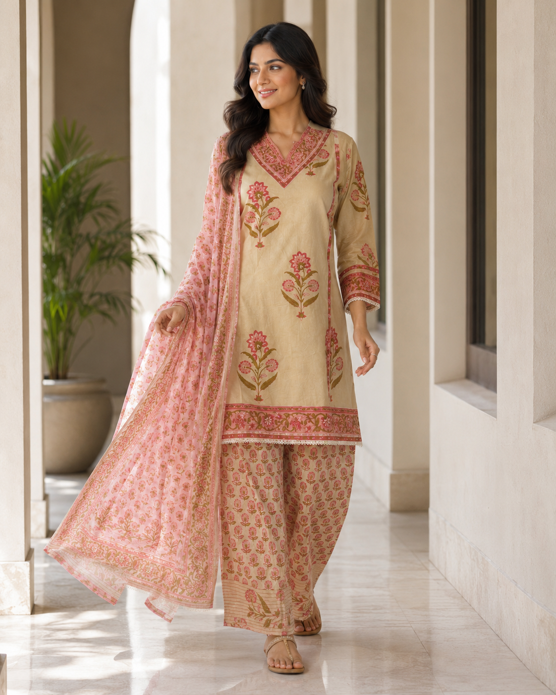 Blush Floral Printed Cotton Kurta Pant Dupatta Set