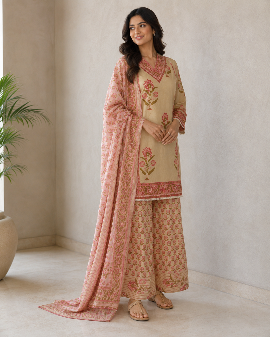 Blush Floral Printed Cotton Kurta Pant Dupatta Set