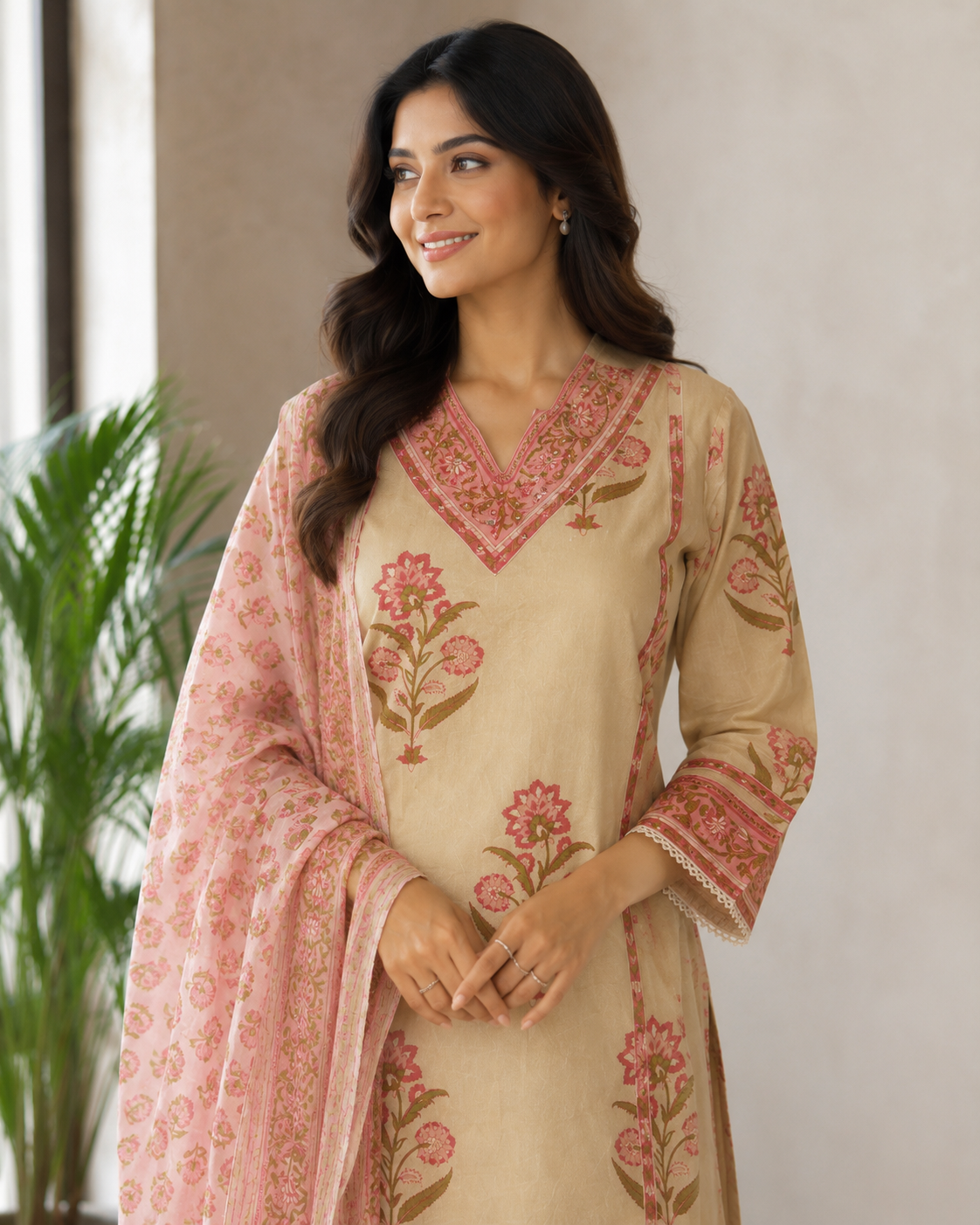 Blush Floral Printed Cotton Kurta Pant Dupatta Set