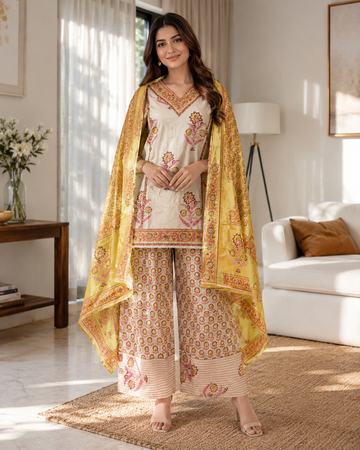 Peach Printed Cotton Kurta Pant Dupatta Set