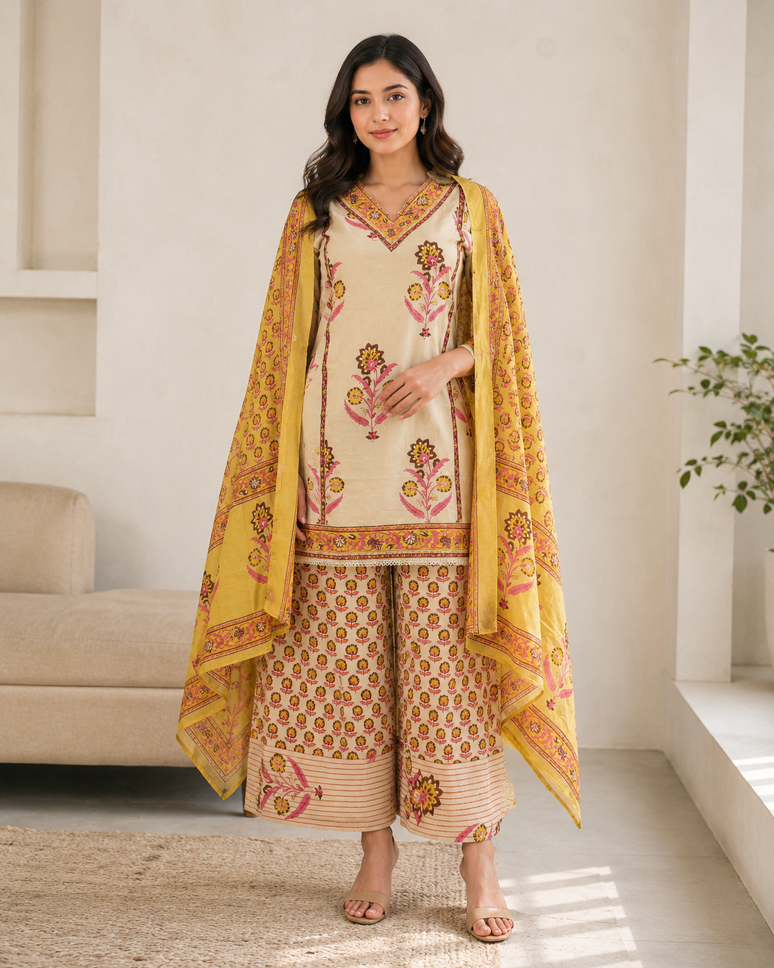 Peach Printed Cotton Kurta Pant Dupatta Set