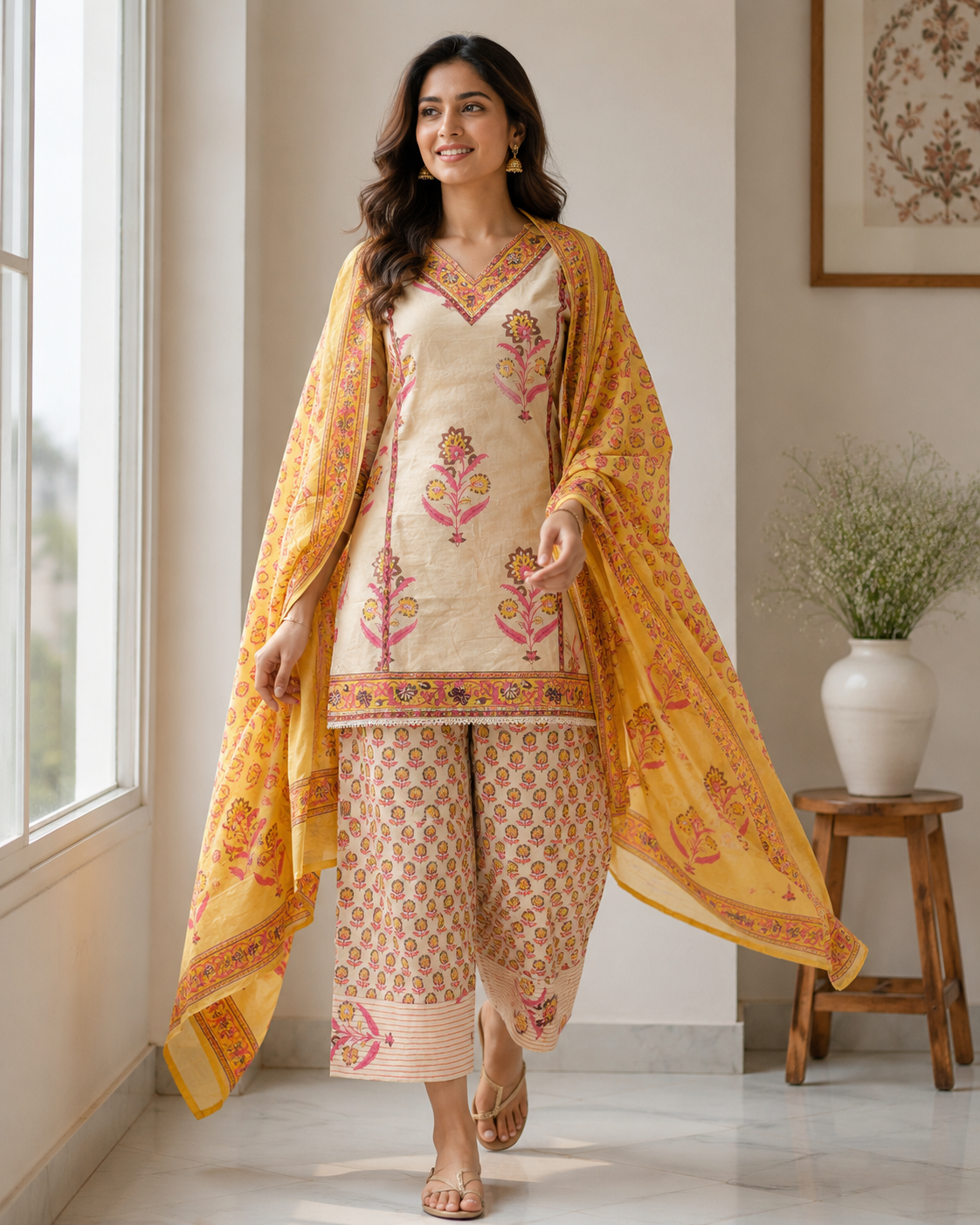 Peach Printed Cotton Kurta Pant Dupatta Set