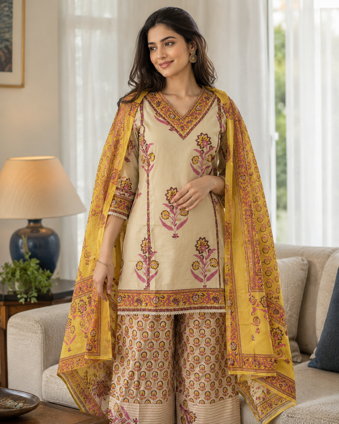 Peach Printed Cotton Kurta Pant Dupatta Set