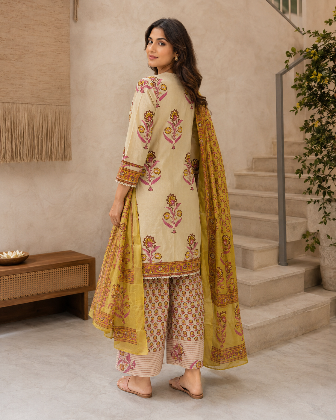 Peach Printed Cotton Kurta Pant Dupatta Set