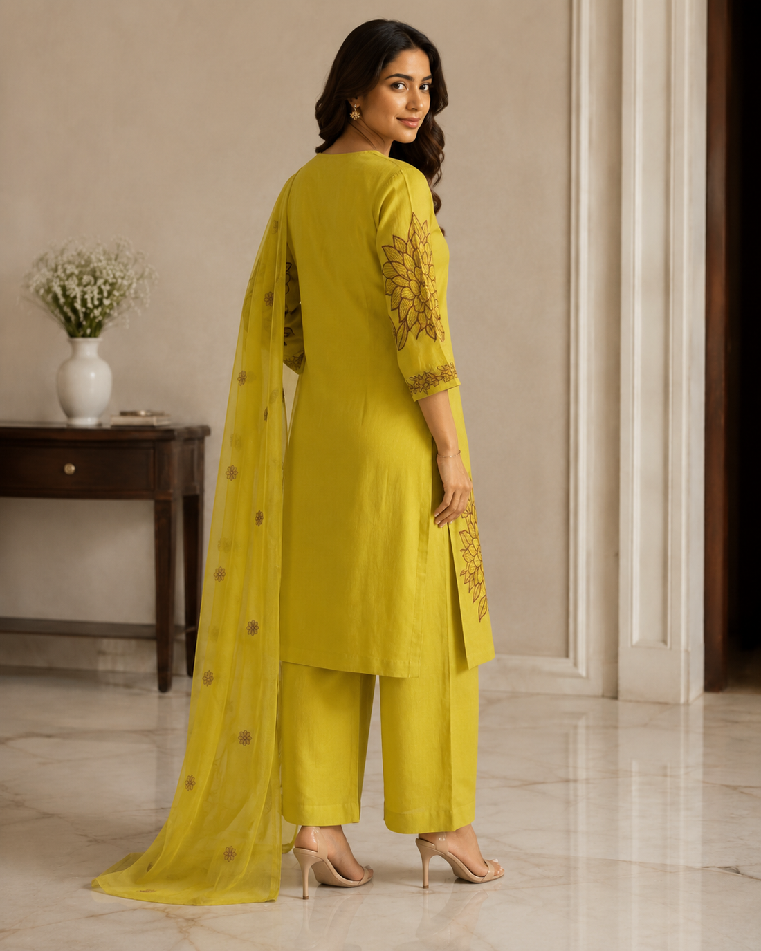 Mustard Floral Embroidered Cotton Kurta Pant Dupatta Set