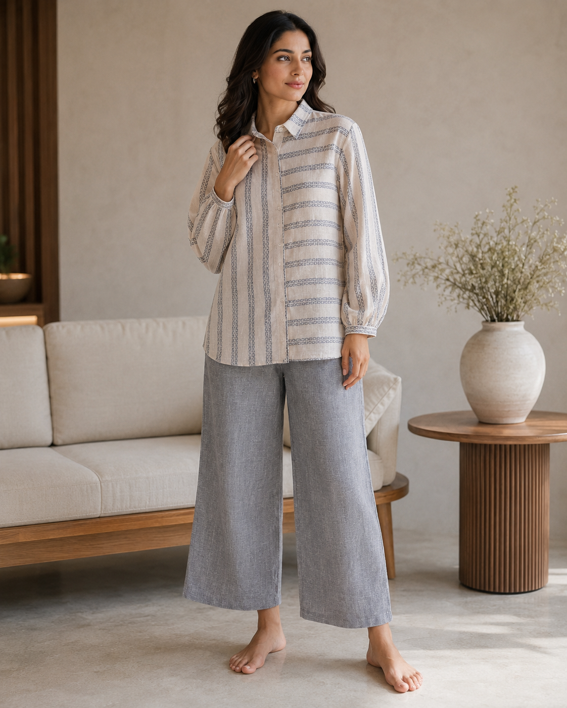 Blue Striped Cotton Shirt Pant Co-ord Set