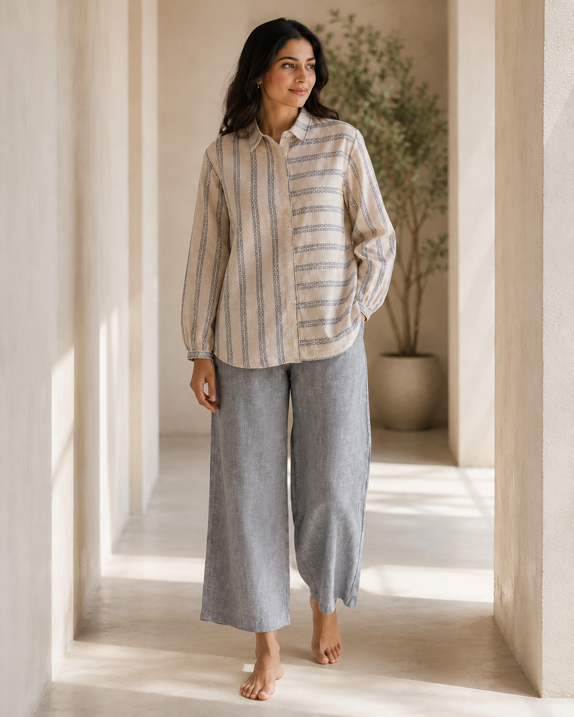 Blue Striped Cotton Shirt Pant Co-ord Set