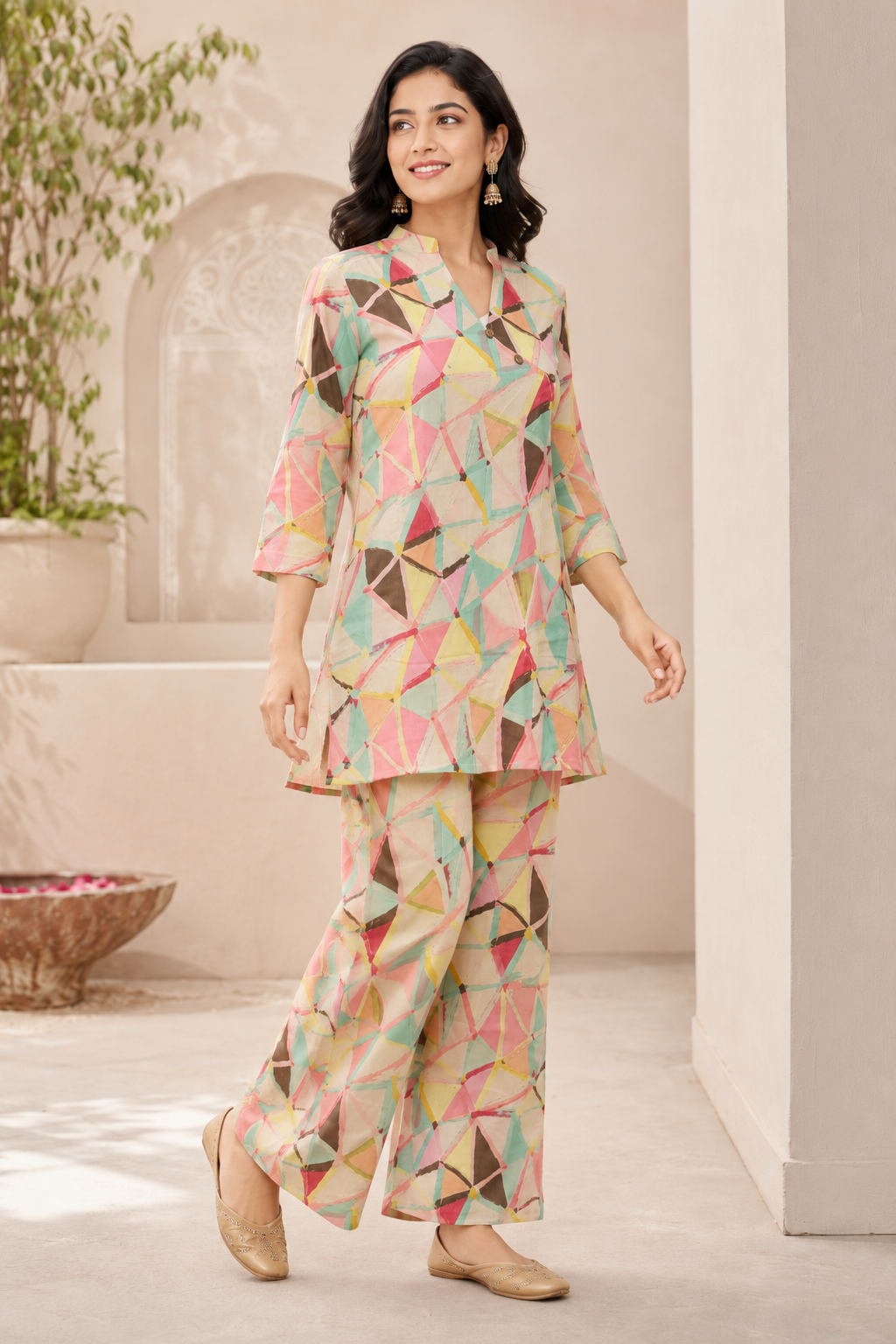 Pastel Geometric Printed Kurta Pant Co-ord Set