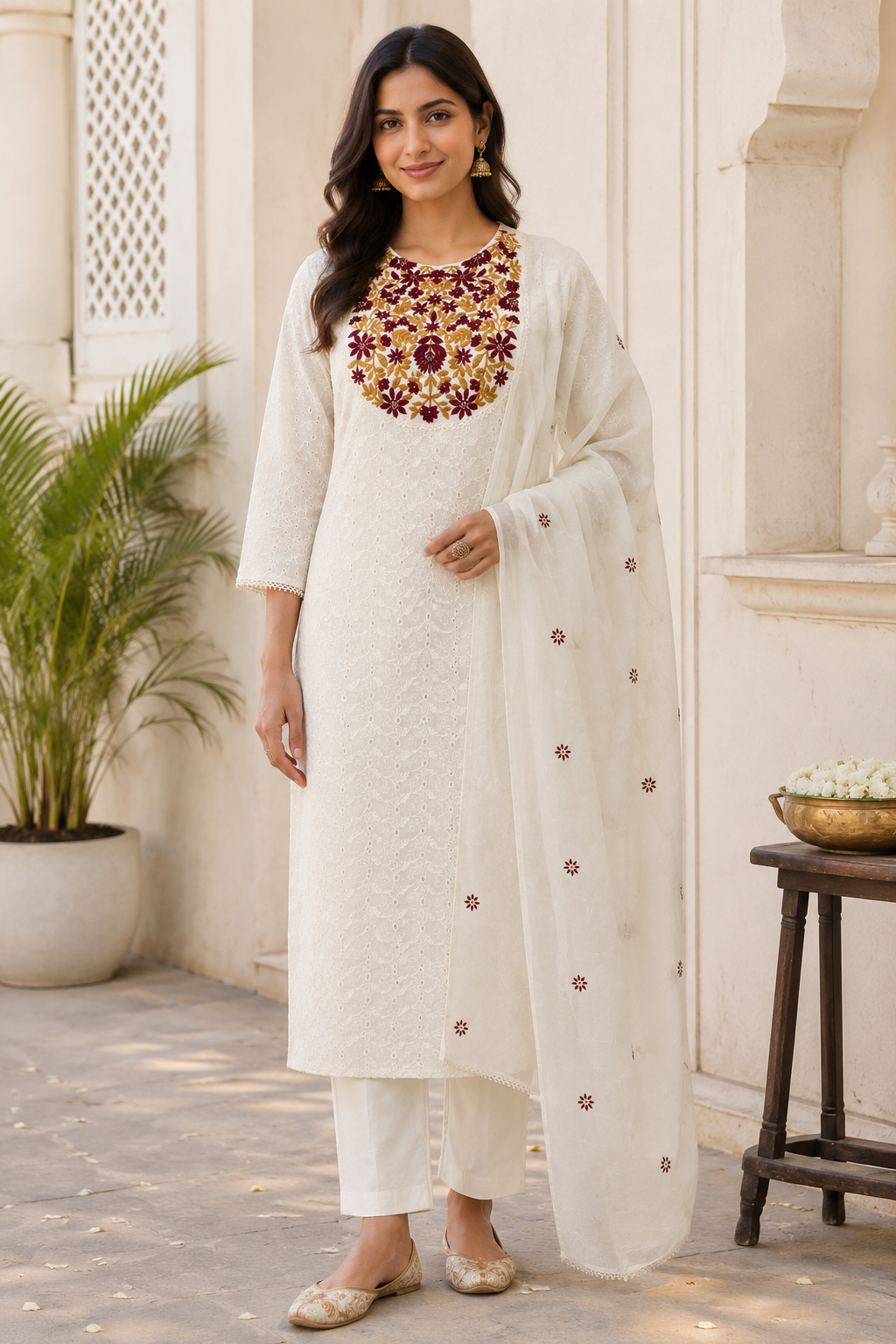 Ivory Embroidered Kurta Pant Dupatta Set