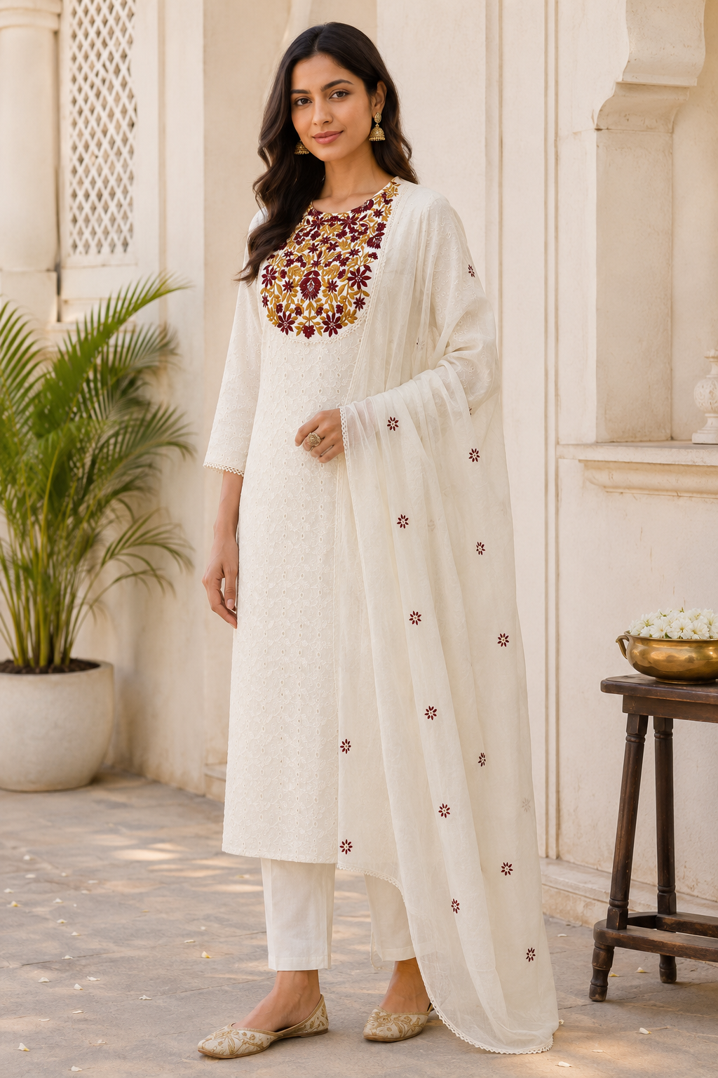 Ivory Embroidered Kurta Pant Dupatta Set