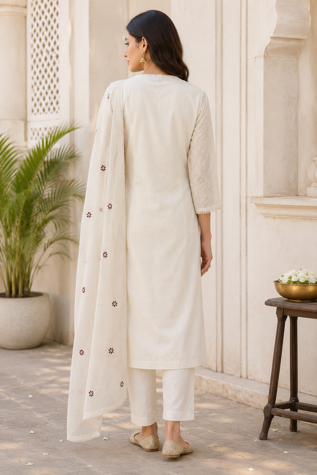 Ivory Embroidered Kurta Pant Dupatta Set