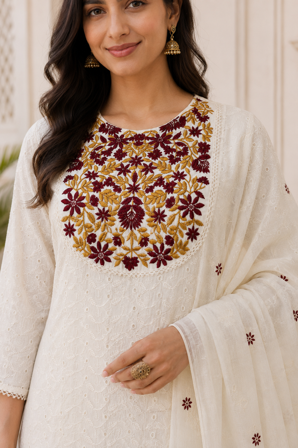 Ivory Embroidered Kurta Pant Dupatta Set