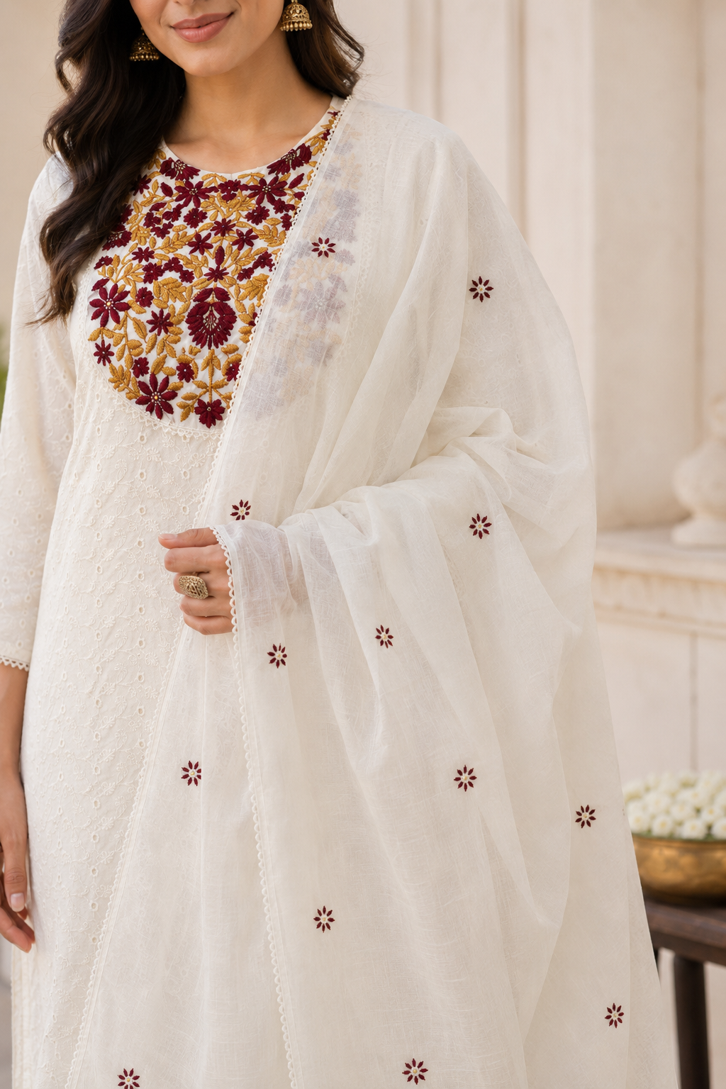 Ivory Embroidered Kurta Pant Dupatta Set