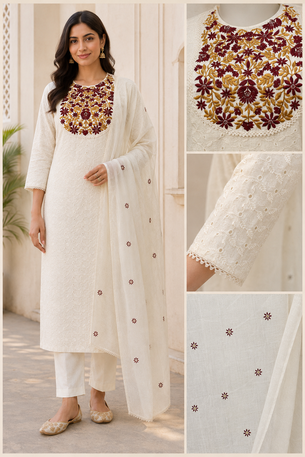 Ivory Embroidered Kurta Pant Dupatta Set