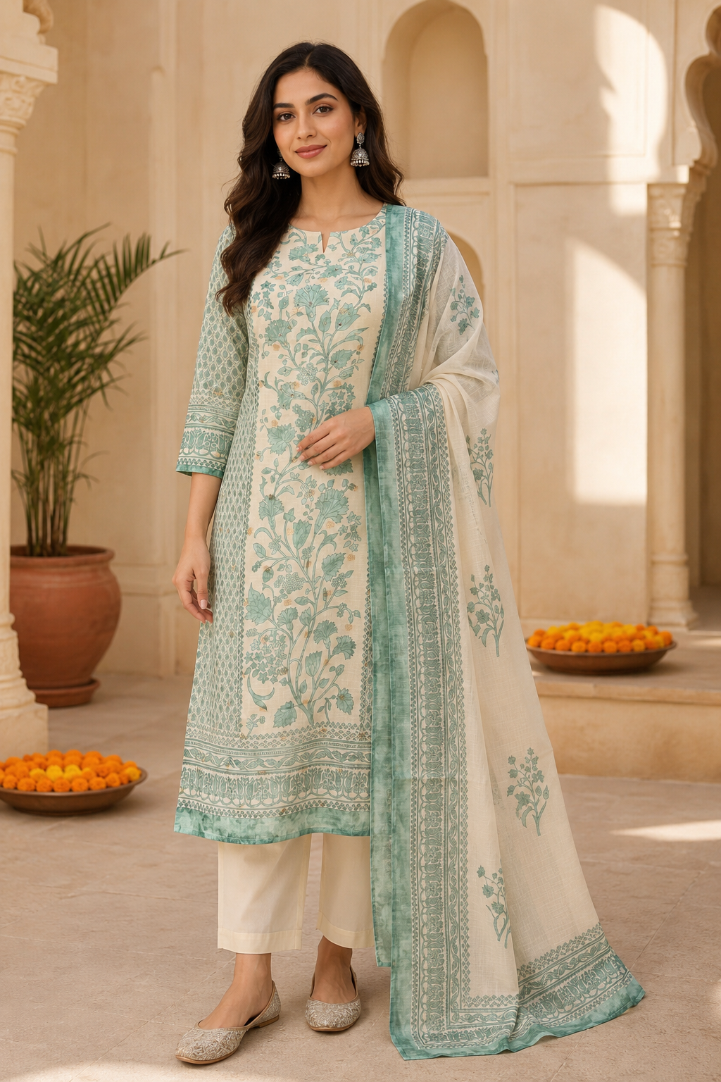 Off White & Sea Green Floral Printed Kurta Pant Dupatta Set