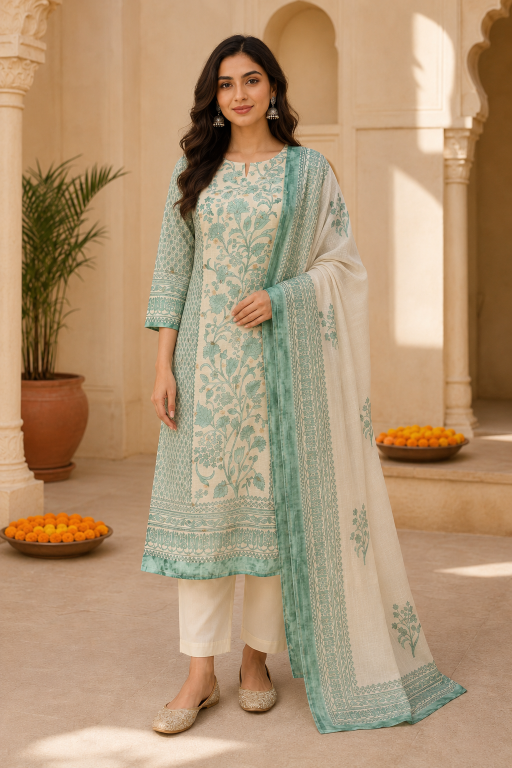 Off White & Sea Green Floral Printed Kurta Pant Dupatta Set