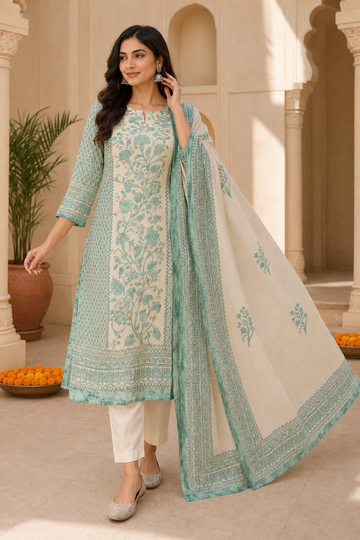 Off White & Sea Green Floral Printed Kurta Pant Dupatta Set