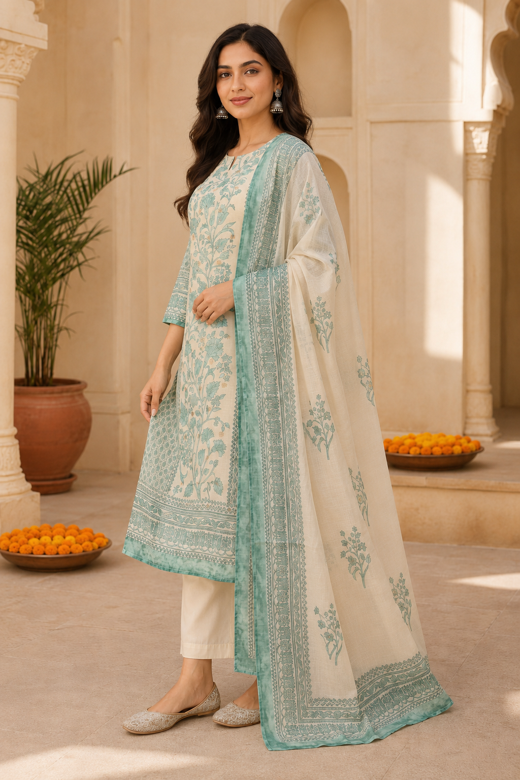 Off White & Sea Green Floral Printed Kurta Pant Dupatta Set