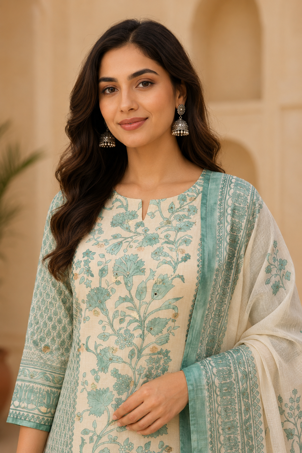 Off White & Sea Green Floral Printed Kurta Pant Dupatta Set