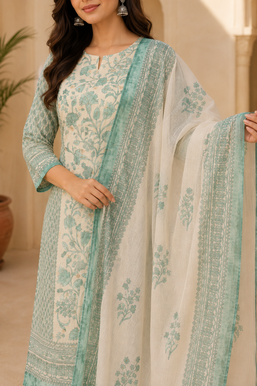 Off White & Sea Green Floral Printed Kurta Pant Dupatta Set