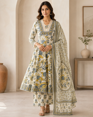 Off-White Floral Printed Flared Kurta Set