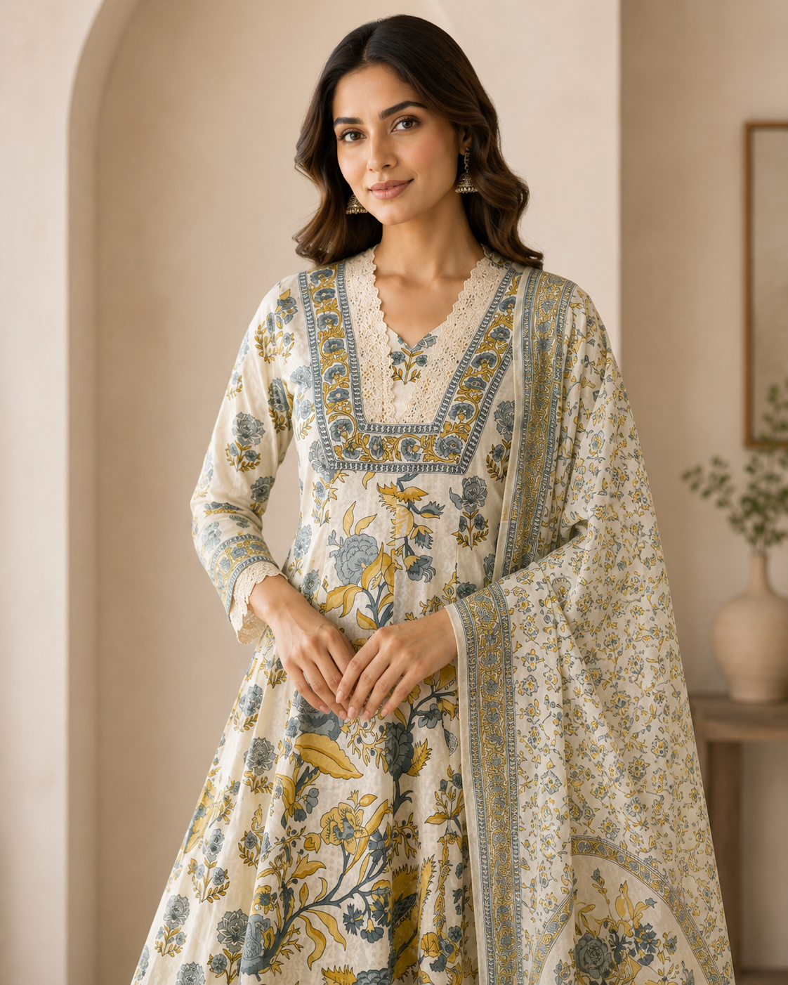 Off-White Floral Printed Flared Kurta Set